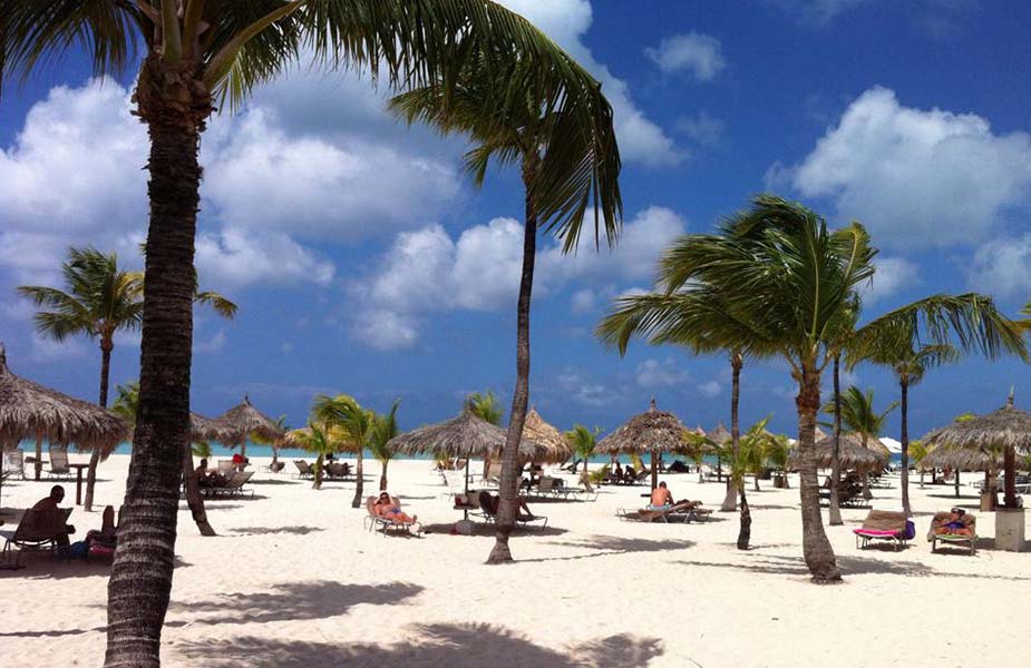 Zonnig strand met palbomen en ligbedjes