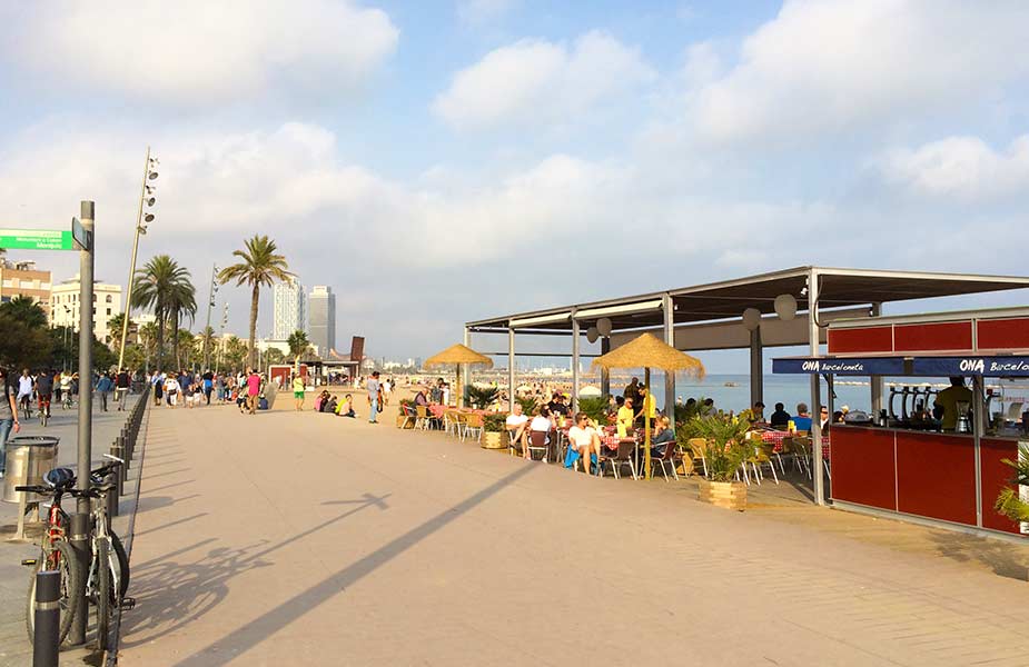 De boulevard en strand van Barcelona