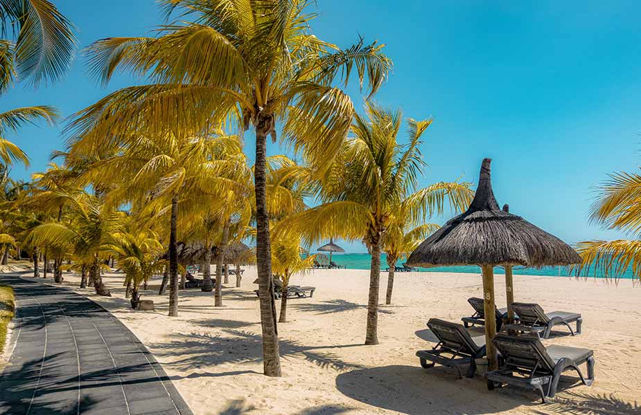Ligbedden een palbomen op een strand van Mauritius