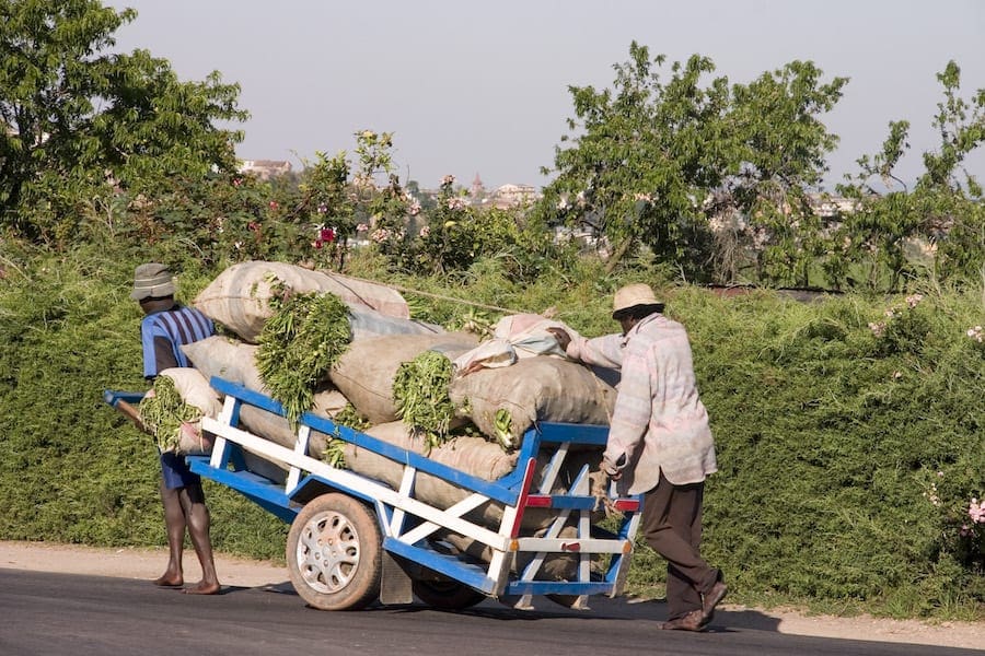 Handelaren met hun handelswaar op de weg