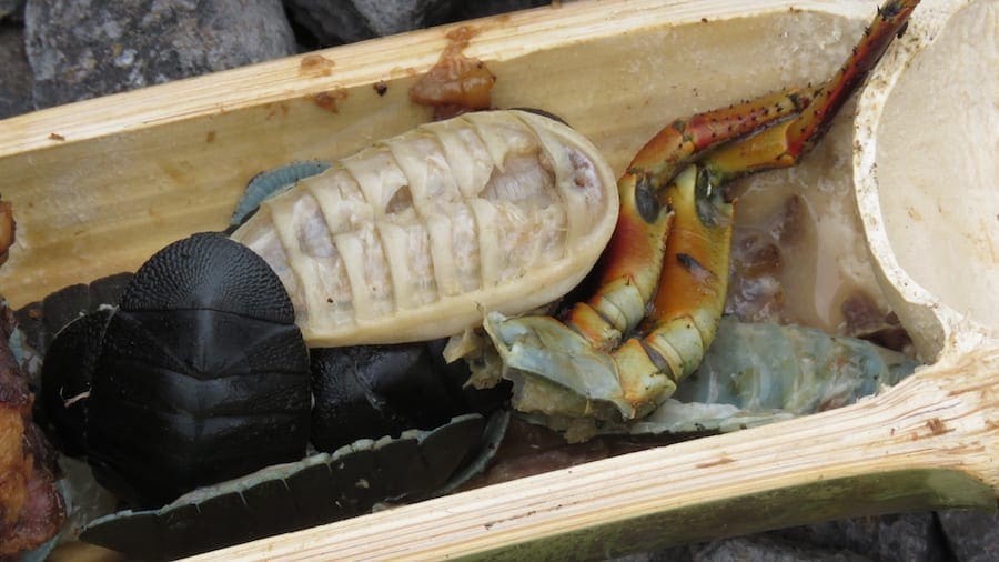 Traditioneel eten Polynesische locals van krab, varkensvlees, broodvrucht en schaaldieren