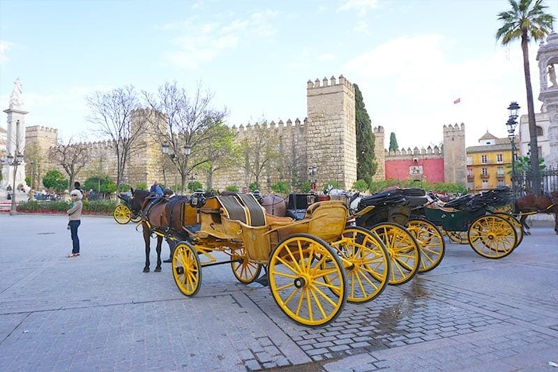 Paard en wagen op straat bij Real Alcazar in Sevilla