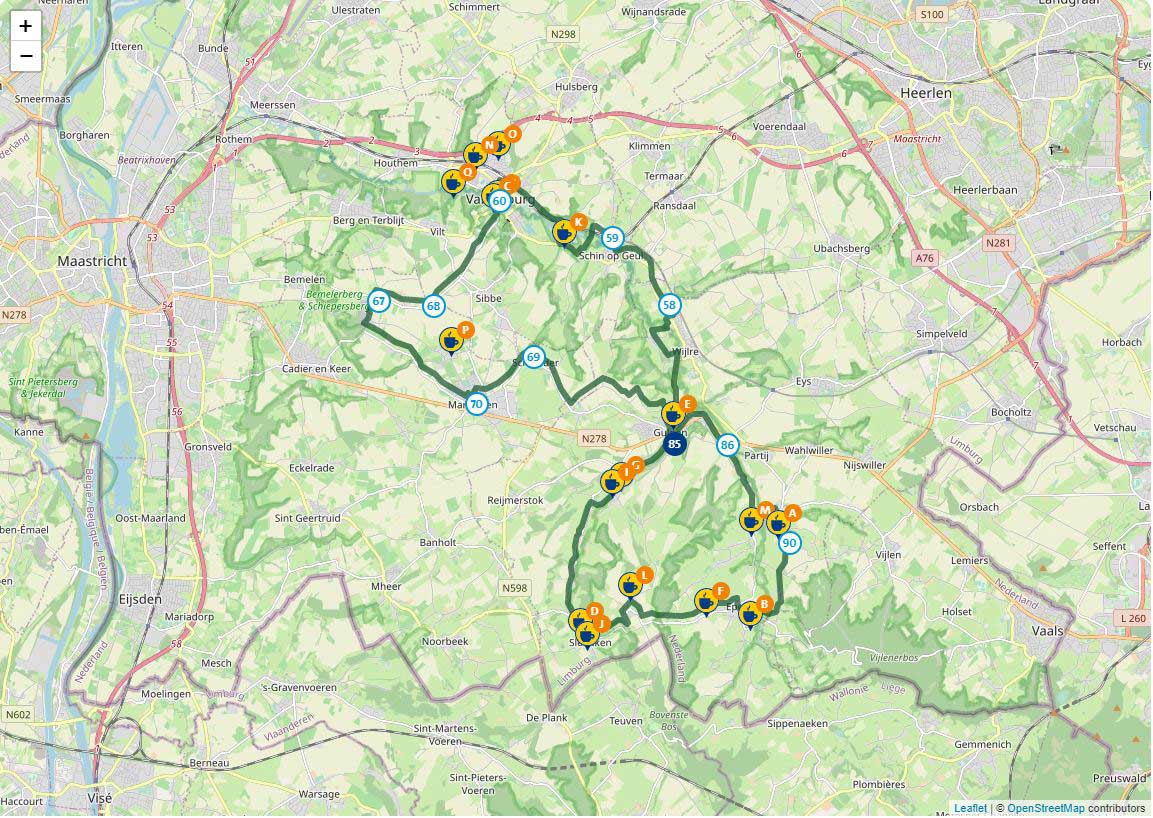 Kaart van de Geul en Gulp fietsroute in Limburg