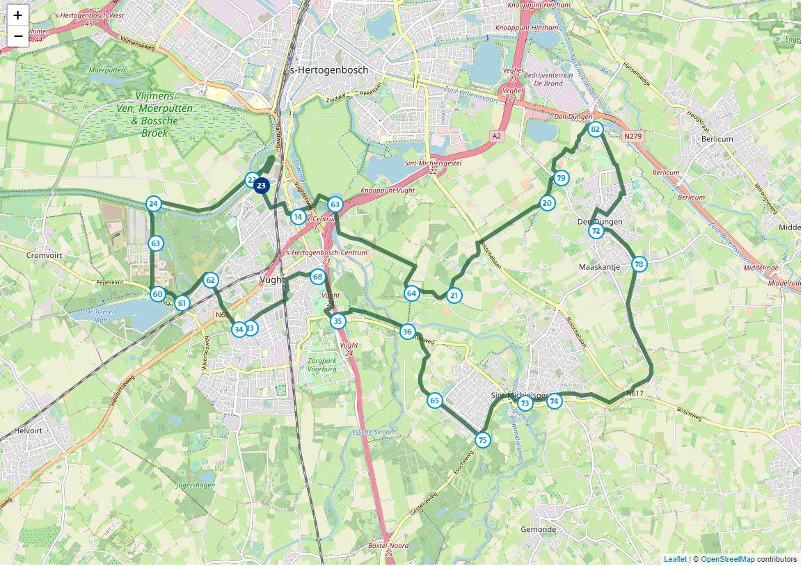 Kaart van de Liberation fietsroute in Brabant