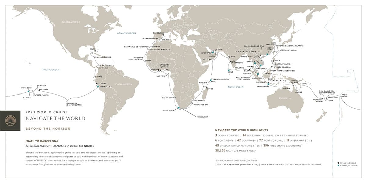 Kaart met het vaarschema van de wereldcruise