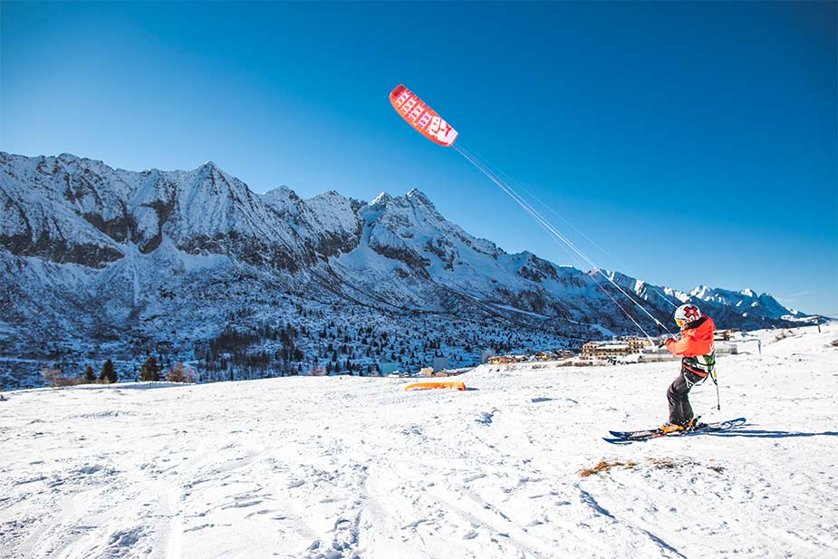 Snowkiten op pistes in Trentino