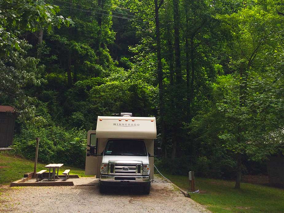 Overnachten in de camper bij een bos in Amerika