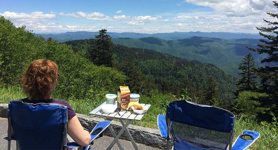 Picknick met uitzicht op de smokey mountains in Amerika