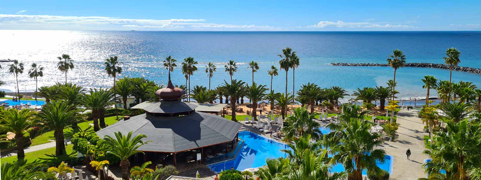 De tuin met zwembad aan zee van RIU Palace Tenerife