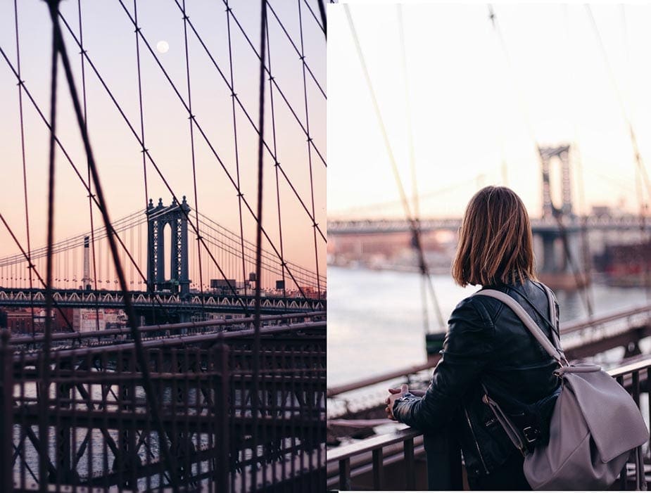 zonsondergang brooklyn bridge new york alleen reizen