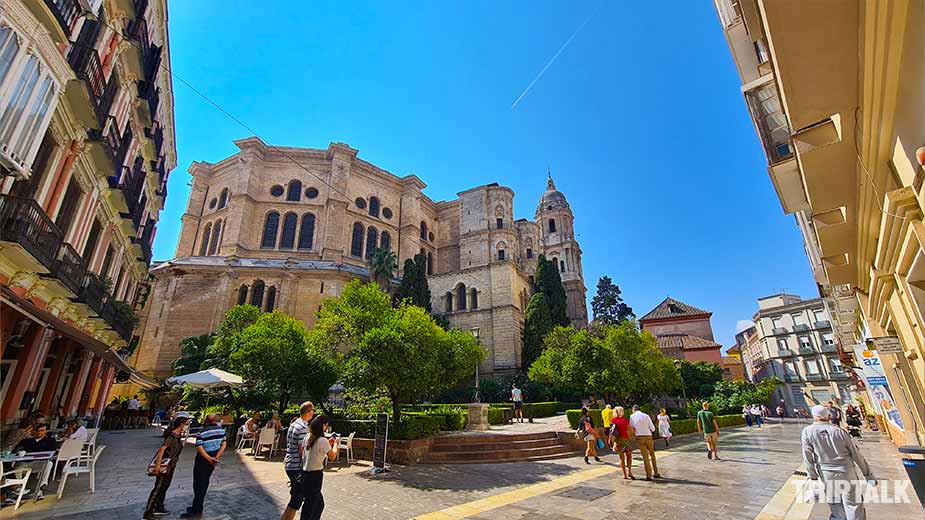 Pleintje en groen bij de kathedraal van Malaga