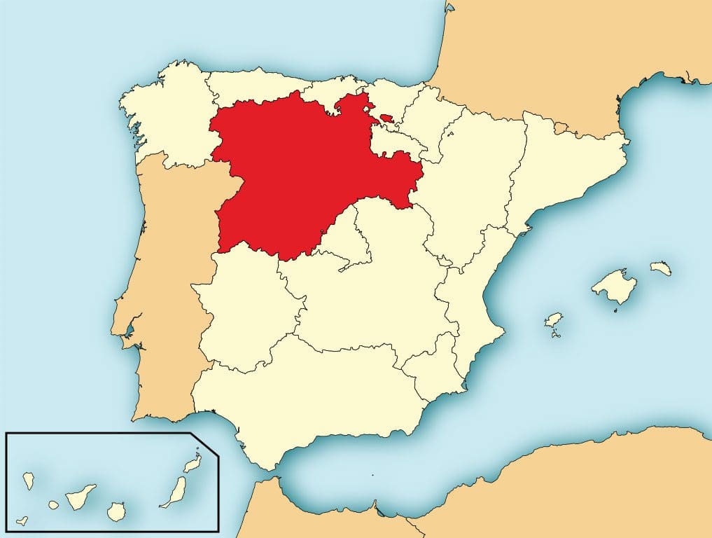 De regio Castilie en Leon op de kaart van Spanje